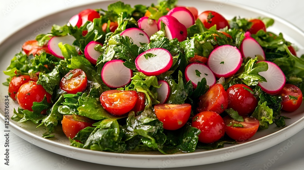 Fresh Garden Salad with Tomatoes and Radishes, A fresh salad with mixed greens cherry tomatoes Fresh Garden Salad with Tomatoes and Radishes, A fresh salad with mixed greens cherry tomatoes