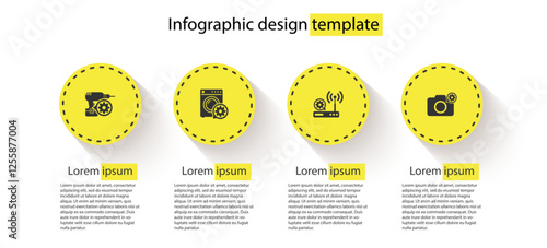 Set Drill machine setting, Washer, Router and wi-fi and Photo camera. Business infographic template. Vector