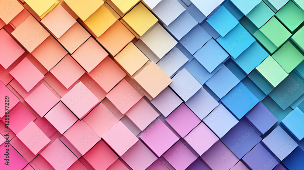 Colorful abstract pattern composed of overlapping cubes in various shades and hues creating a vibrant wall design Colorful abstract pattern composed of overlapping cubes in various shades and hues creating a vibrant wall design