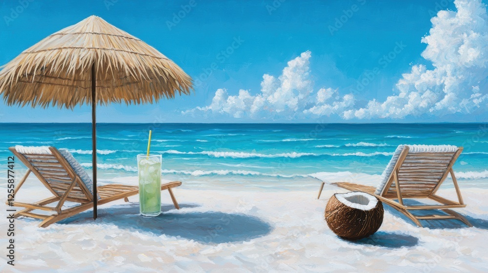 custom made wallpaper toronto digitalA summer beachscape featuring crystal-clear water, sun loungers under straw umbrellas, and a refreshing coconut drink