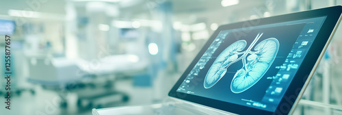 Doctor close-up of a doctor showing a picture of a kidney on a tablet in a hospital, free space from the left side, banner