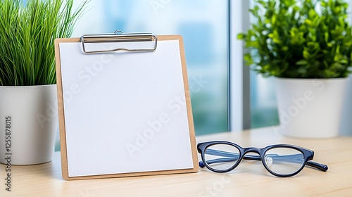Blank Clipboard with Glasses and Potted Plants on Office Desk
