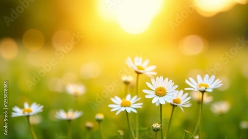 field of daisies with glare from the shining sun