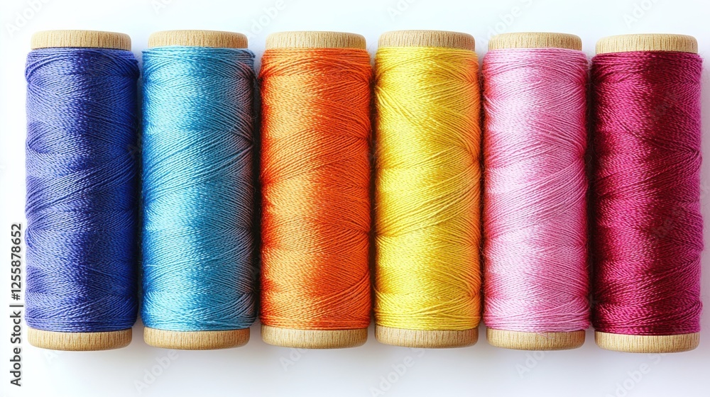 Colorful collection of sewing thread spools arranged in a row on a clean background with vibrant hues of blue, orange, yellow, pink, and purple Colorful collection of sewing thread spools arranged in a row on a clean background with vibrant hues of blue, orange, yellow, pink, and purple