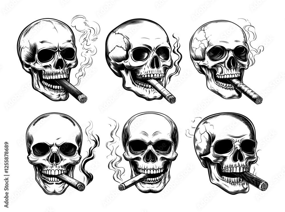 Smoking skull black ink sketch vector set. Tobacco addiction bad habit, bone cranium dead human head smoke remains burn cigarette nicotine dependency abuse, isolated illustrations on white backdrop Smoking skull black ink sketch vector set. Tobacco addiction bad habit, bone cranium dead human head smoke remains burn cigarette nicotine dependency abuse, isolated illustrations on white backdrop