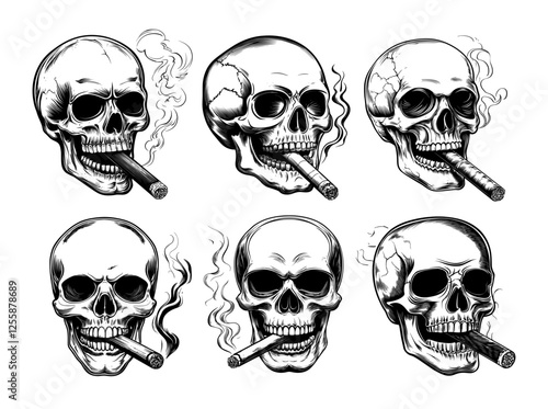Smoking skull black ink sketch vector set. Tobacco addiction bad habit, bone cranium dead human head smoke remains burn cigarette nicotine dependency abuse, isolated illustrations on white backdrop