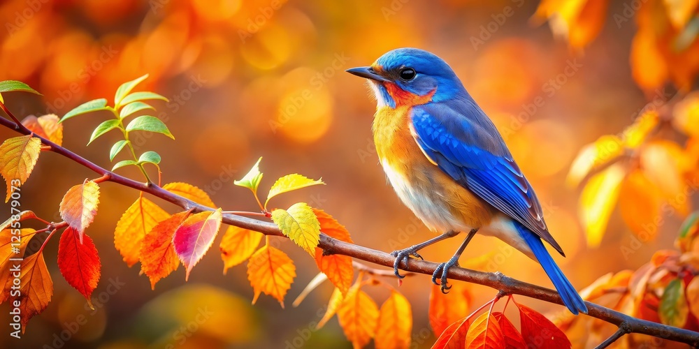 Vibrant Bluebird Perched on a Branch Amidst Fall Foliage Vibrant Bluebird Perched on a Branch Amidst Fall Foliage