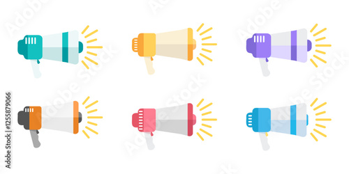 Six colorful megaphones with yellow rays vector illustration, perfect for promotional materials, marketing campaigns, event announcements, and advertising design projects.
