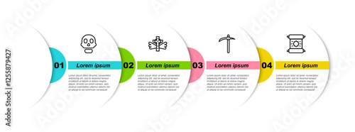 Set line Skull, Christian cross, Pickaxe and Decree, parchment, scroll. Business infographic template. Vector