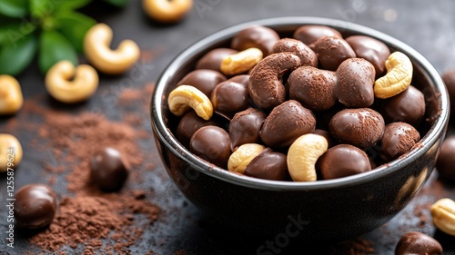 Bowl of chocolate-covered cashews on dark surface, surrounded by cocoa powder