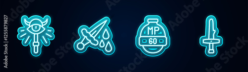 Set line Magic staff, Sword with blood, Video game bar and Dagger. Glowing neon icon. Vector
