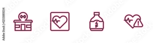 Set line Gym building, Sports nutrition, Heart rate and icon. Vector