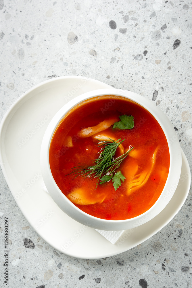 A close-up of a vibrant red soup in a white bowl, garnished with fresh herbs. The rich broth features appetizing ingredients, creating an inviting and colorful presentation A close-up of a vibrant red soup in a white bowl, garnished with fresh herbs. The rich broth features appetizing ingredients, creating an inviting and colorful presentation