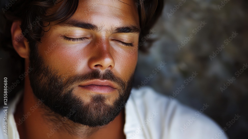 Fototapeta premium Man with closed eyes resting peacefully against a textured background during a calm moment of relaxation