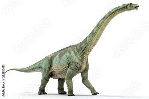 Mamenchisaurus Dinosaur: A colossal Mamenchisaurus dinosaur, with its iconic long neck and massive size, stands against a plain backdrop, a majestic reminder of the prehistoric era. photo