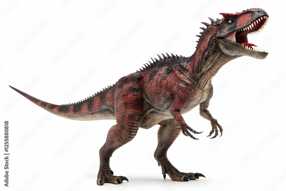 Carnivorous Dinosaur: A menacing red and black Carnotaurus dinosaur with sharp teeth and claws roars, its prehistoric presence commanding attention and unleashing primal fear. Carnivorous Dinosaur: A menacing red and black Carnotaurus dinosaur with sharp teeth and claws roars, its prehistoric presence commanding attention and unleashing primal fear.