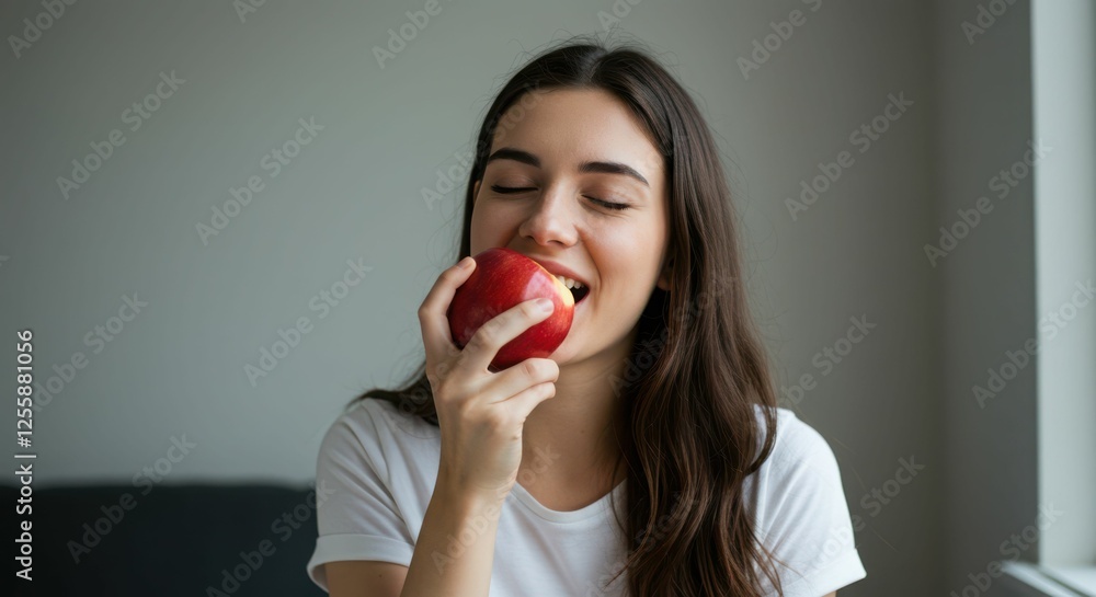 Young caucasian female enjoying a red apple Young caucasian female enjoying a red apple