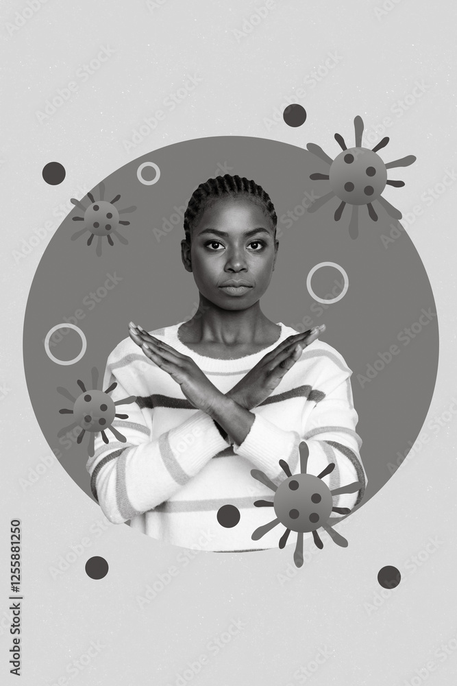 Φωτογραφία Vertical collage photo of young serious woman crossed arms against coronavirus g