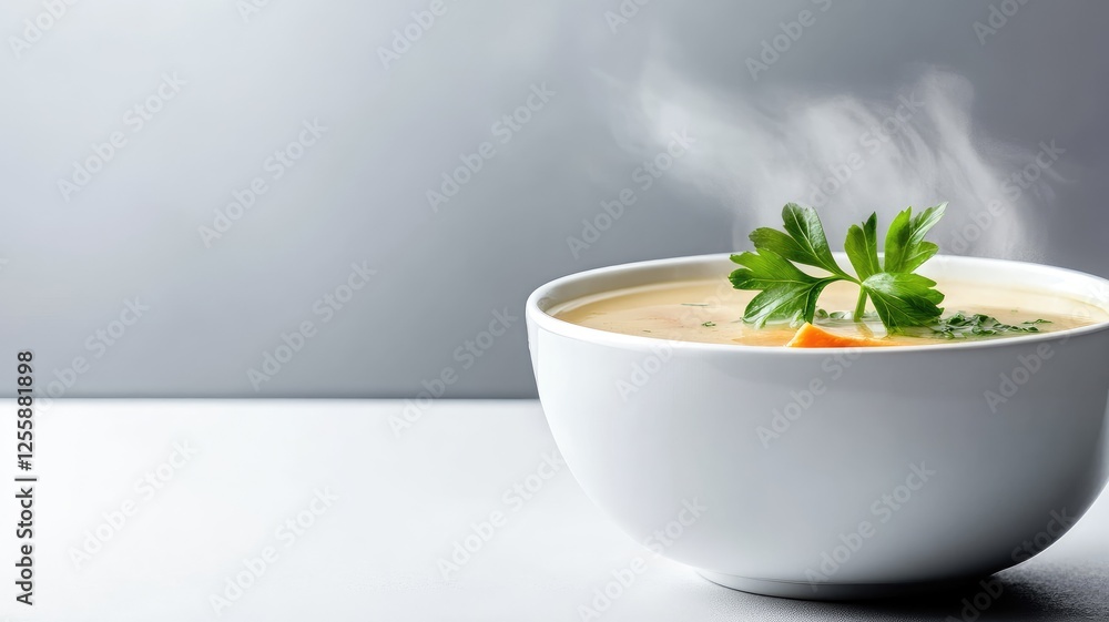 Hot creamy soup garnished with parsley in white bowl Hot creamy soup garnished with parsley in white bowl