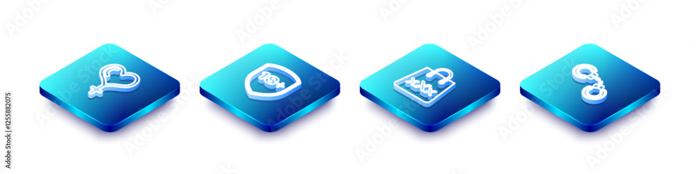 Set Isometric line Female gender and heart, Shield with 18 plus, Shopping bag triple X and Sexy fluffy handcuffs icon. Vector Set Isometric line Female gender and heart, Shield with 18 plus, Shopping bag triple X and Sexy fluffy handcuffs icon. Vector