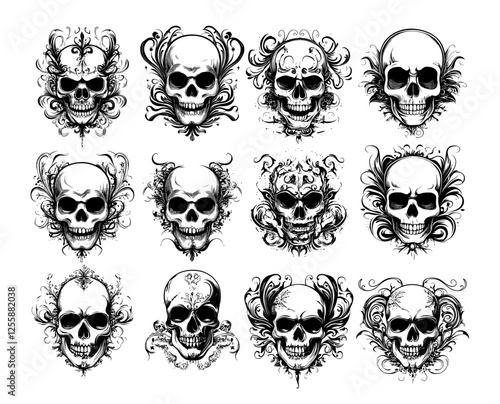 Tattoo skulls black ink sketch vector set. Dead head human cranial bone patterns skeleton remains, flashes body art graphic designs isolated illustration on white background