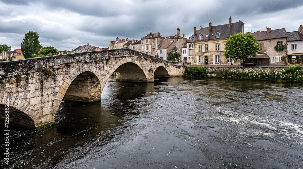 Fototapeta premium Charming riverside city with cobblestone streets scenic bridge and serene waterway france travel photography