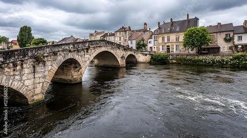 Fototapeta Naklejka Na Ścianę i Meble -  Charming riverside city with cobblestone streets scenic bridge and serene waterway france travel photography