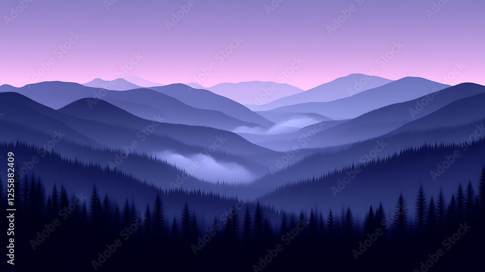 Obraz premium Serene Twilight Mountain Range Forest Landscape