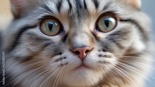 Curious grey cat close-up, indoor setting, sunlit background, pet portrait photo