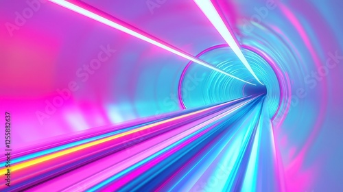 Neon Reflections in Hyperloop Tunnel, a vibrant space featuring distorted neon hues, geometric shapes, and a cool color palette reminiscent of pop art design. photo