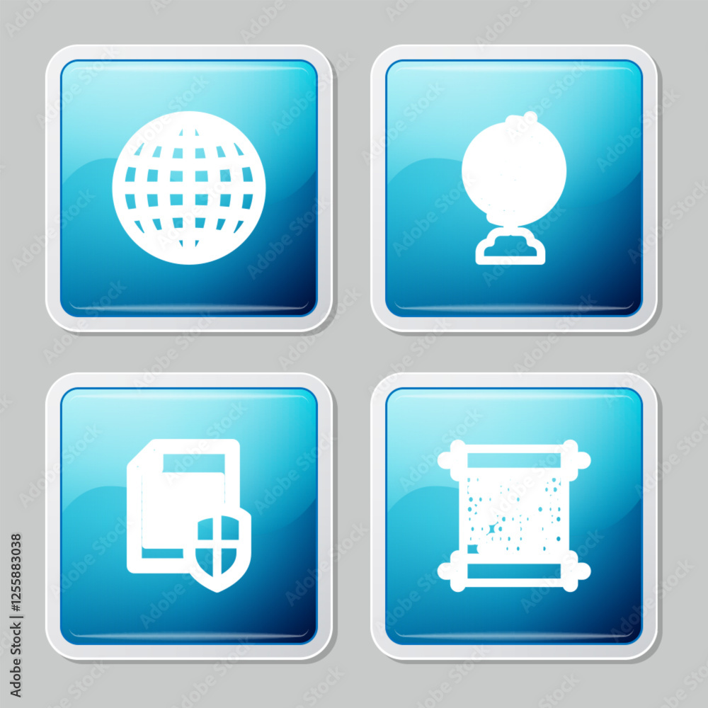 Set line Earth globe, , Document protection and Paper scroll icon. Vector Set line Earth globe, , Document protection and Paper scroll icon. Vector
