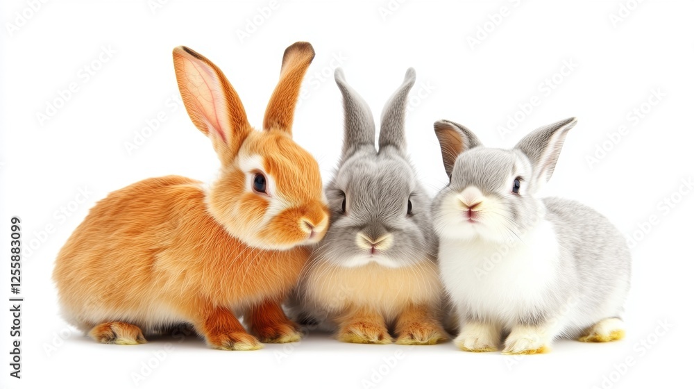 Fototapeta premium Group of Three Adorable Domestic Rabbits with Fluffy Fur in a White Background