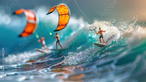Miniature kite surfers riding vibrant waves in a dynamic coastal scene.