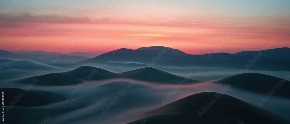 Fog rolling over hills at dawn captured from above