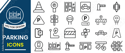 Car parking icon, vector set.  Public parking and parking location sign symbol. Parking line icon set. Vector illustration.