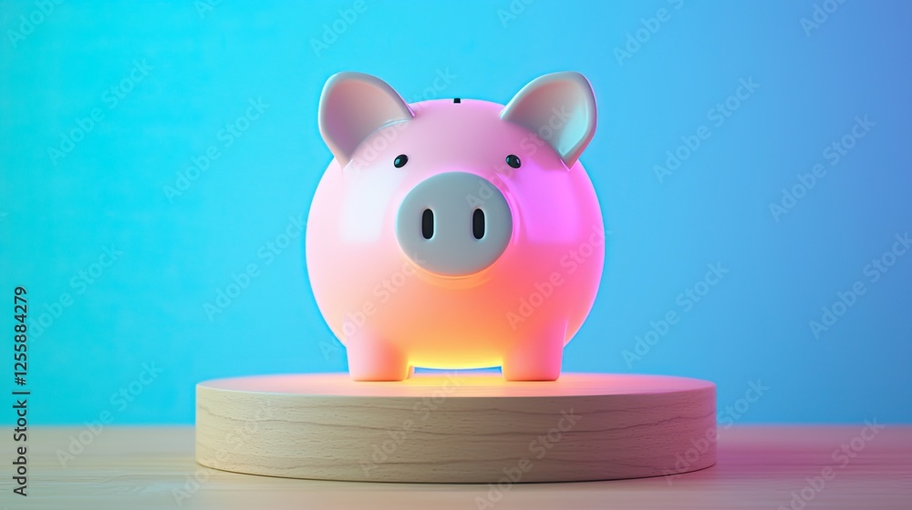 2025 savings goals. A colorful piggy bank lamp sits on a wooden base against a blue background, glowing softly and adding a cheerful ambiance. 2025 savings goals. A colorful piggy bank lamp sits on a wooden base against a blue background, glowing softly and adding a cheerful ambiance.