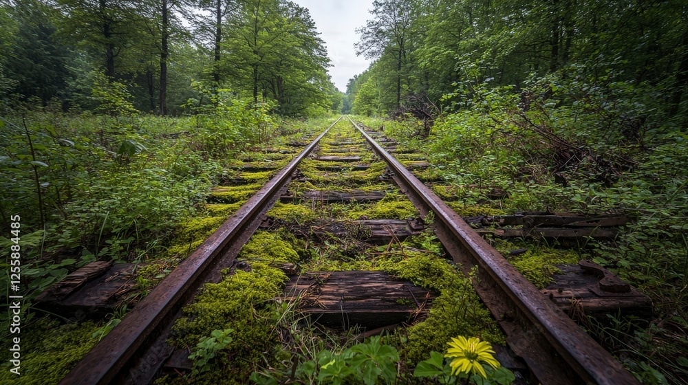 Fototapeta premium Abandoned railway line forgotten forest nature photography overgrown environment ground view time's impact