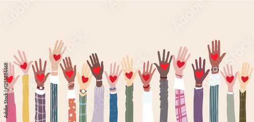 Hands of people with hearts on each hand are raised up in the air, love, relationship, romance concep