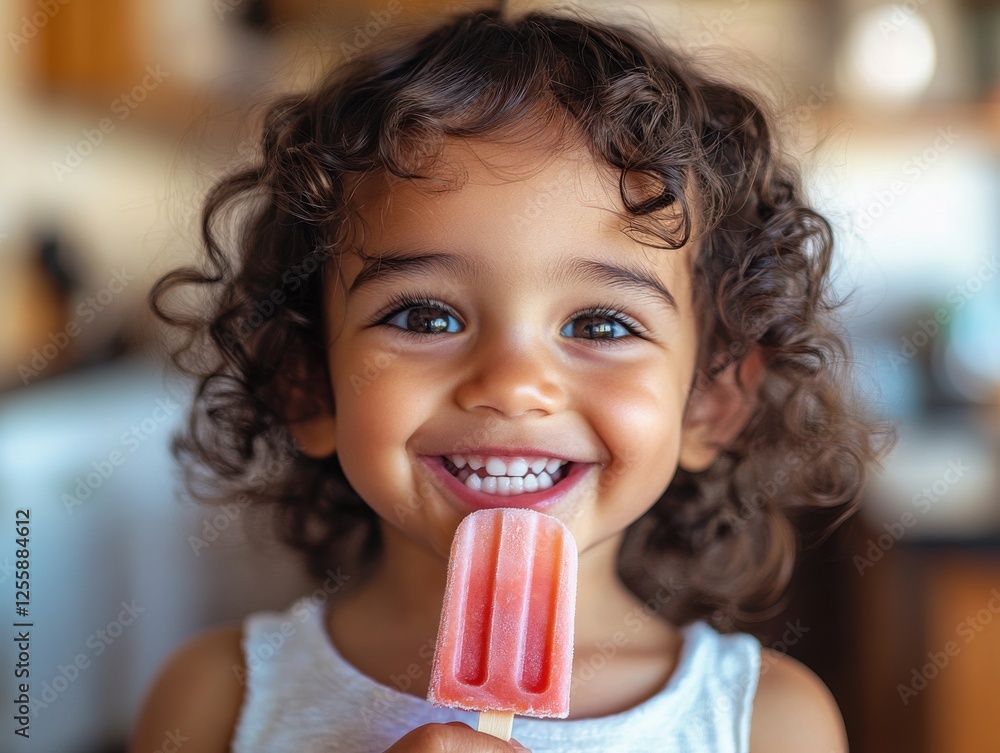 Smiling child enjoys a colorful popsicle in a cozy kitchen setting during a warm afternoon Smiling child enjoys a colorful popsicle in a cozy kitchen setting during a warm afternoon