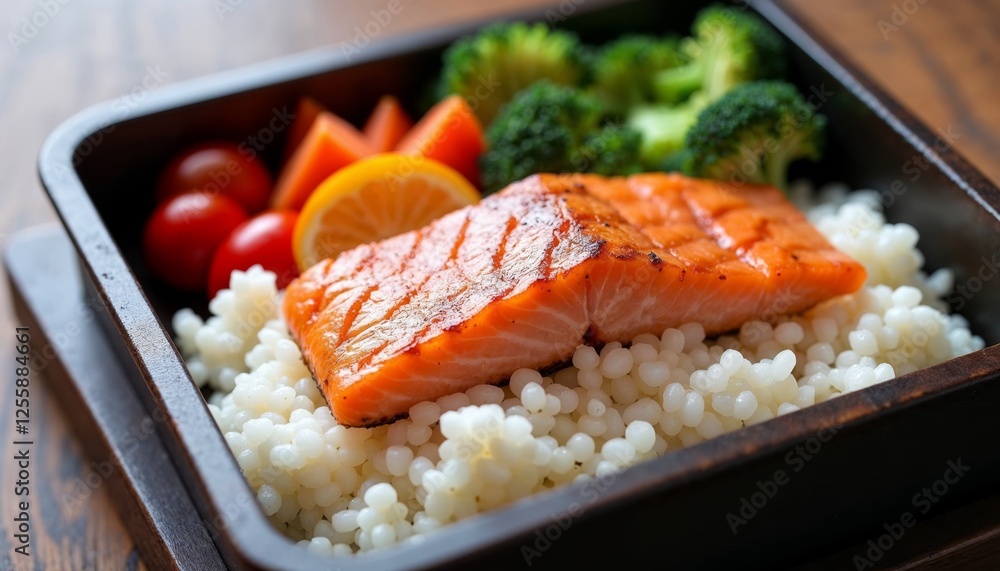 Grilled salmon steak with rice and vegetables in a dark wooden box Grilled salmon steak with rice and vegetables in a dark wooden box