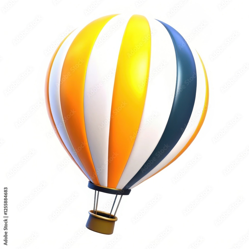 Fototapeta premium A colorful hot air balloon with orange, white, and blue stripes, floating against a white background, evoking a sense of adventure and exploration.