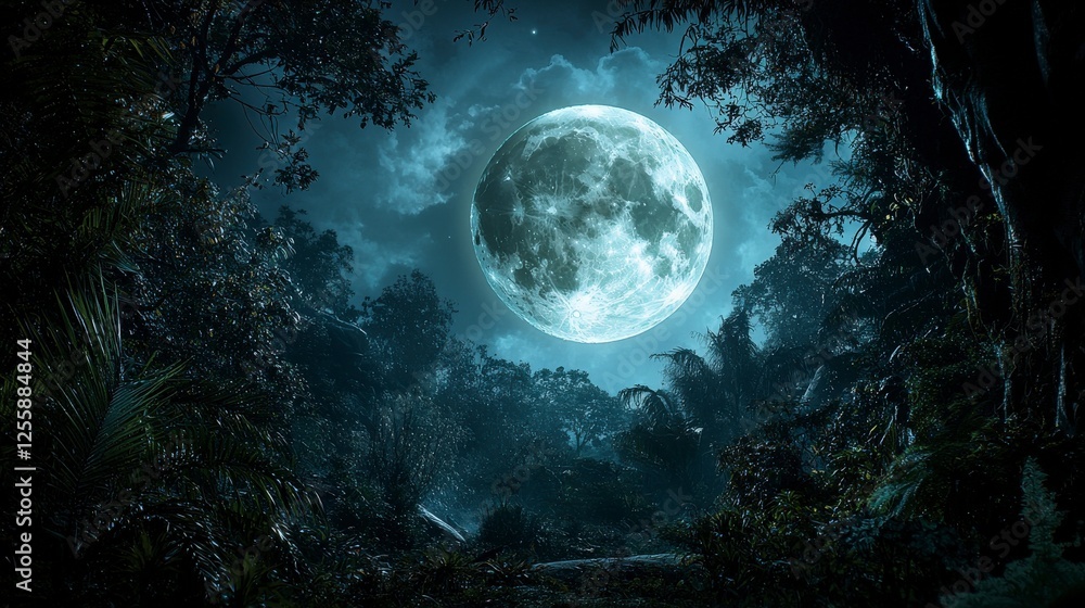 Fototapeta premium Moonlit serenity a glowing full moon over a shadowy forest nature scene dark environment enigmatic viewpoint