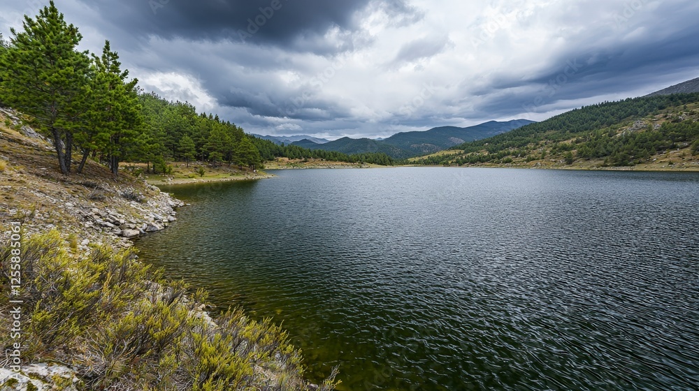 Serene mountain lake reflection peaceful nature scene tranquil waters green pines cloudy sky scenic beauty