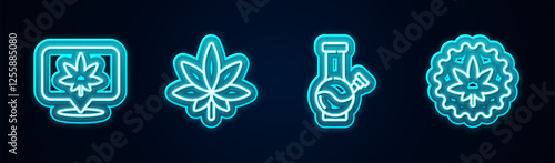 Set line Location and cannabis, Marijuana or leaf, Glass bong for smoking marijuana and . Glowing neon icon. Vector