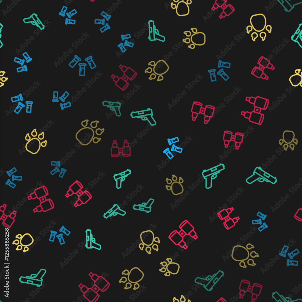 Set line Cartridges, Pistol or gun, Paw print and Binoculars on seamless pattern. Vector Set line Cartridges, Pistol or gun, Paw print and Binoculars on seamless pattern. Vector