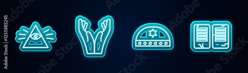 Set line Masons, Hands in praying position, Jewish kippah with star of david and The commandments. Glowing neon icon. Vector