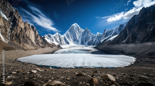 High-altitude shot of a glacier surrounded by rocky mountains photo