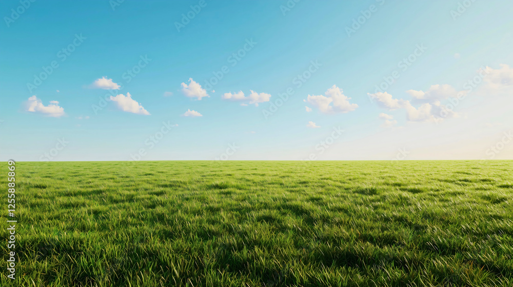 Obraz premium A very beautiful natural scene of a grassy meadow covered in spring grass, located under a stunning clear sky with a few clouds, creating a serene natural landscape.