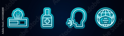 Set line Wet wipe pack, Liquid antibacterial soap, Man coughing and Earth with medical mask. Glowing neon icon. Vector