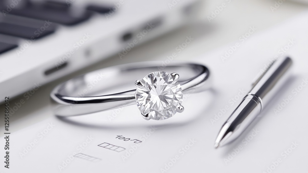 Silver engagement ring with diamond on paper near pen Silver engagement ring with diamond on paper near pen